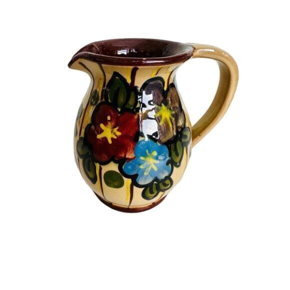 German Vintage Ceramic Art Pottery Floral Small Pitcher Red Blue Purple Flowers‎